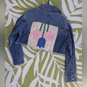 Vintage Spring Floral Tulip Cropped Denim Jacket handmade Repurposed Quilt